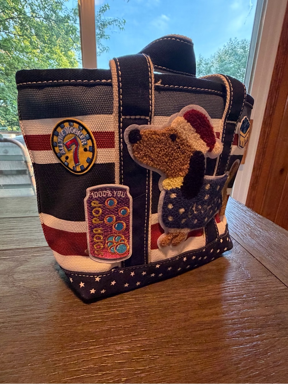 Lands' End Navy, White & Burgundy Striped Tote with Appliqué Dachshund - Picture 4 of 7